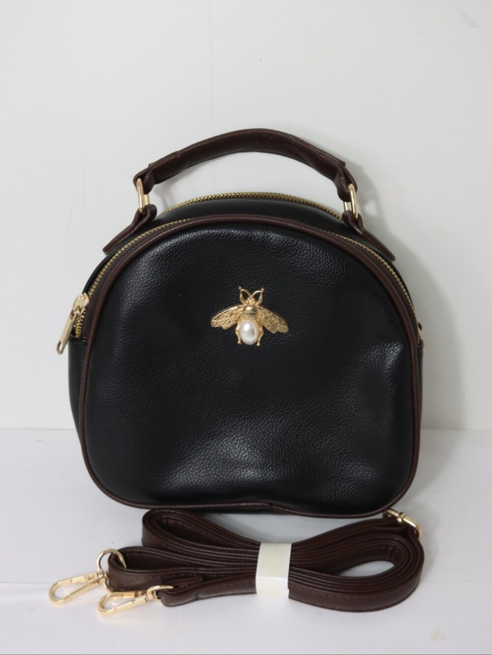 Black Faux Leather Top-Handle Crossbody Bag with Gold Bee Accent